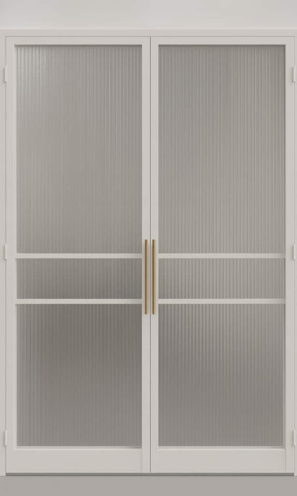 Valge raamistusega paarisuks,  käepidemed brushed brass, laineklaas