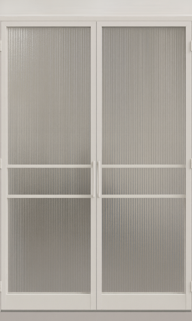 Valge raamistusega paarisuks, valged käepidemed, laineklaas