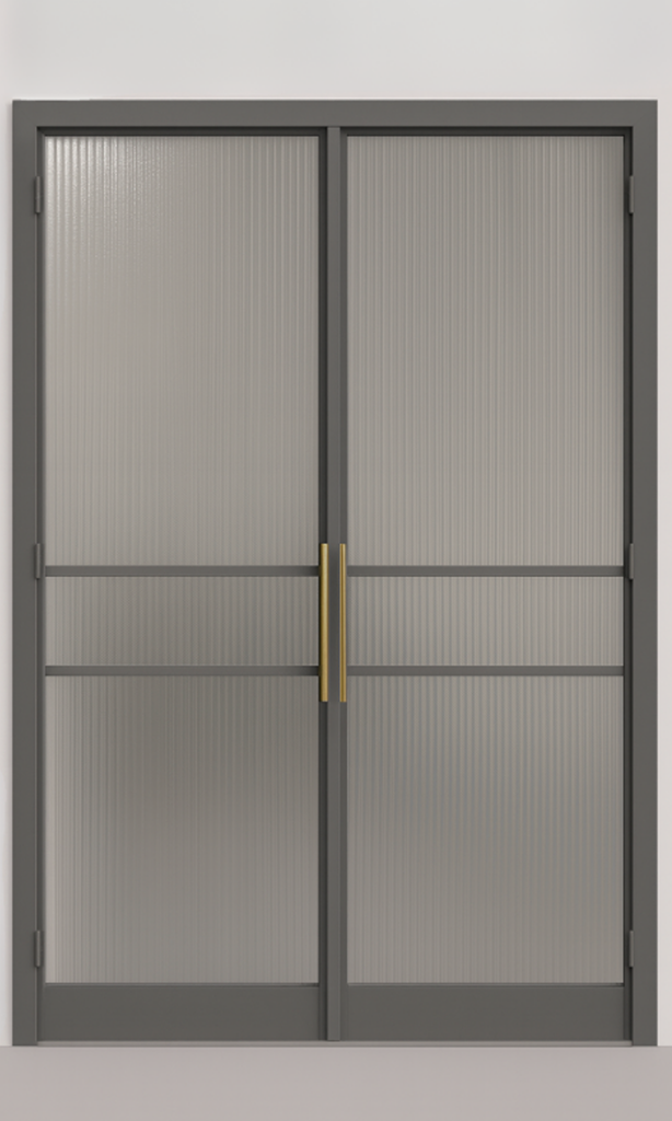 Raamistusega paarisuks värvitud tooni NCS S 6502-Y,  käepidemed brushed brass, laineklaas